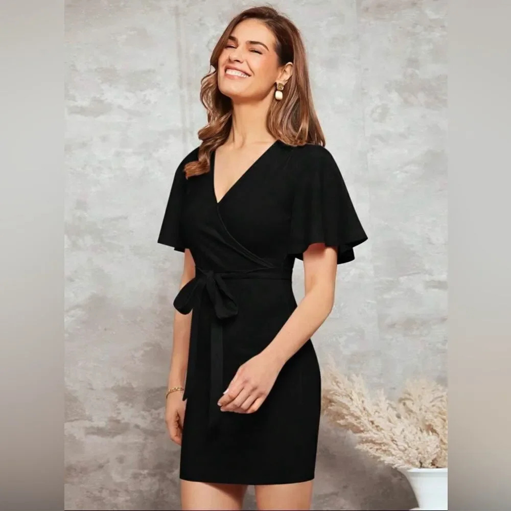 SHEIN Clasi Surplice Neck Butterfly Sleeve Belted Bodycon Dress